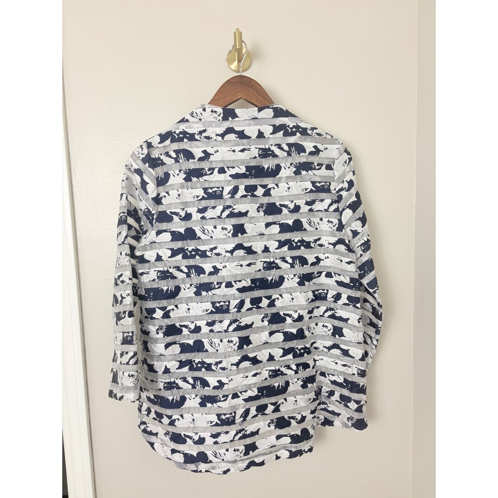 Yushi Wrap Blouse Womens Small Navy Blue White Semi Sheer Stripe Art To Wear - Picture 6 of 12